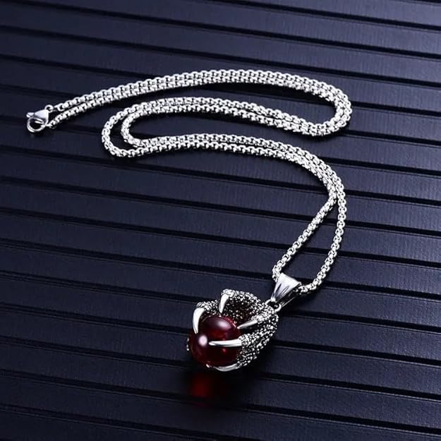 Stainless Steel Chain Dragon Claw Pendant Necklace Blue White Black Red Glass Bead Pendant Retro Style Jewellery Accessories | 22" Orange