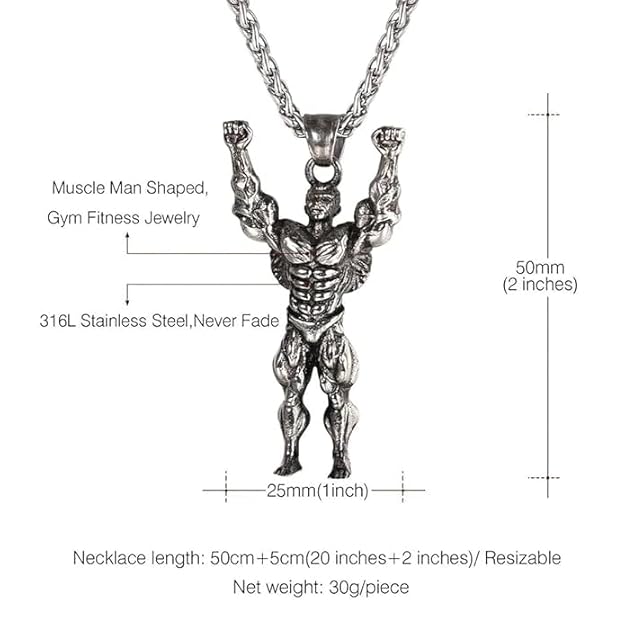 Stainless Steel Bodybuilder Wrestler Pendant Necklace Box Chain for Men and Boys 24"