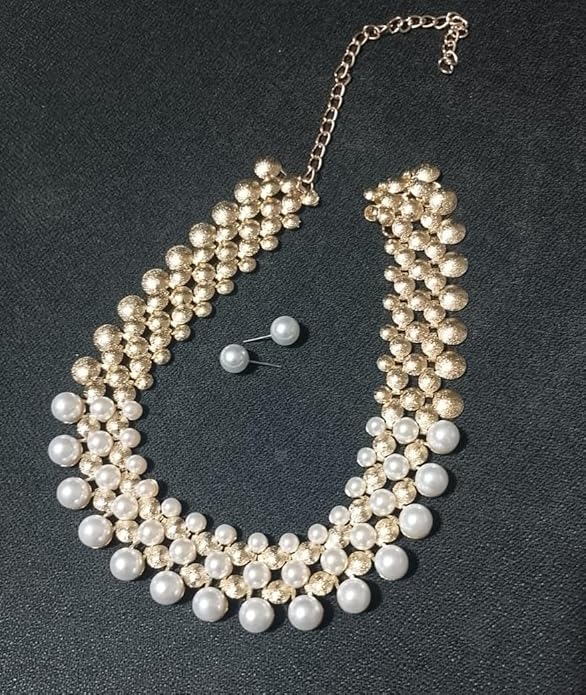 Pearl and Gold Tone Beaded Statement Necklace Set with Stud Earrings, Double Layer Chain Design Necklace Set for Women/Girls