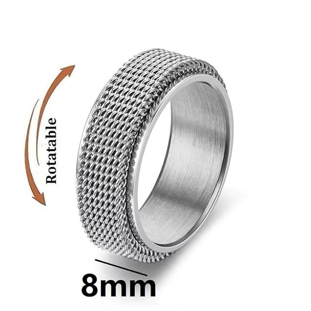 Spinner Ring for Men and Woman, Silver Steel Black Titanium Steel Ring Personalized Woven Mesh, (8mm width) Size 17-20