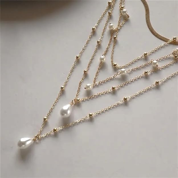 Layered Pearl Drop Choker Necklace Gold Plated Chain, Multi Strand Design Gothic Baroque Pearl Tassel Multilayered Wedding Necklace for Women