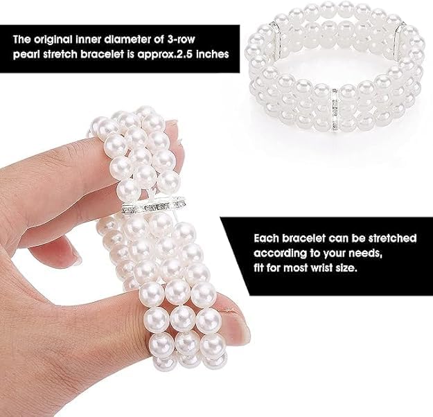 Crystal Bracelet White Pearl Stone Three -Layer Bracelet | Plain Bead With Stone | Round Free Size Elastic Natural Handmade Bracelet For Girls & Womens White