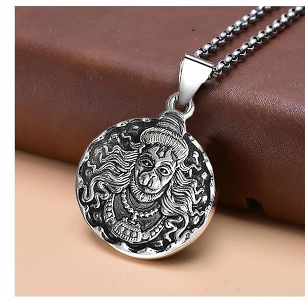 Bajrangbali Hanuman idol Monkey God of Devotion Locket Silver Zinc and Metal Pendant Necklace Chain For Men 22"