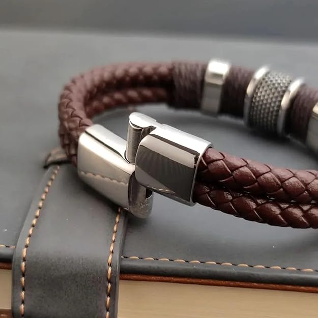Rope Braided Brown Leather Stainless Steel Wrist Band Bracelet Accents, Magnetic Clasp for Men