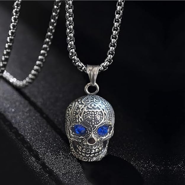 Pendant Necklace With Blue Eye Cubic Zirconia Hip Hop Necklace | Punk Skull Gothic Jewellery Gift, Stainless Steel chain 22"