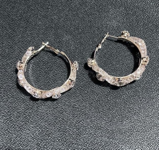 Crystal White Stone Hoop Earrings For Casual Wear | One-Size | Alloy Material | Hinge Closure For Woman & Girls