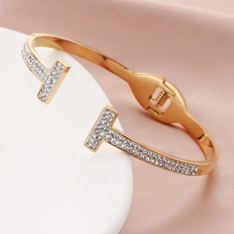 Golden Stainless Steel Premium Artificial Diamond Bracelets For Women