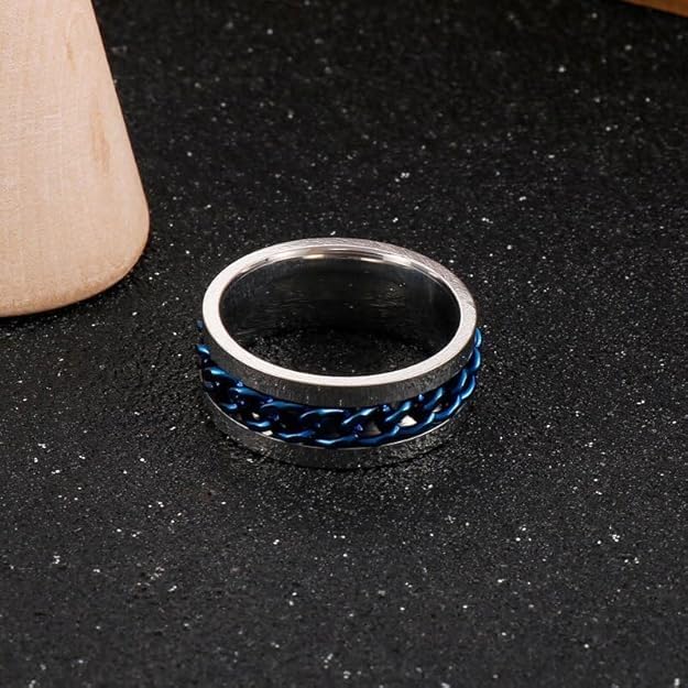 Fidget Ring for Men Anxiety Rings: 8mm Stainless Steel Spinner Ring, Stress Relief Spinning Ring in Blue for Men & Boy Size 5-11