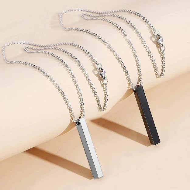 Fancy Black 3D Cuboid Vertical Bar Stick Locket Pendant 24 inches Chain Stainless Steel Pendant Set Boys Mens SIlver
