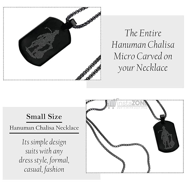 Dog Tag Stainless Steel Necklace Hanuman Chalisa and Gada Micro-carved Locket & Pendant Men & Guys in Black 22"”