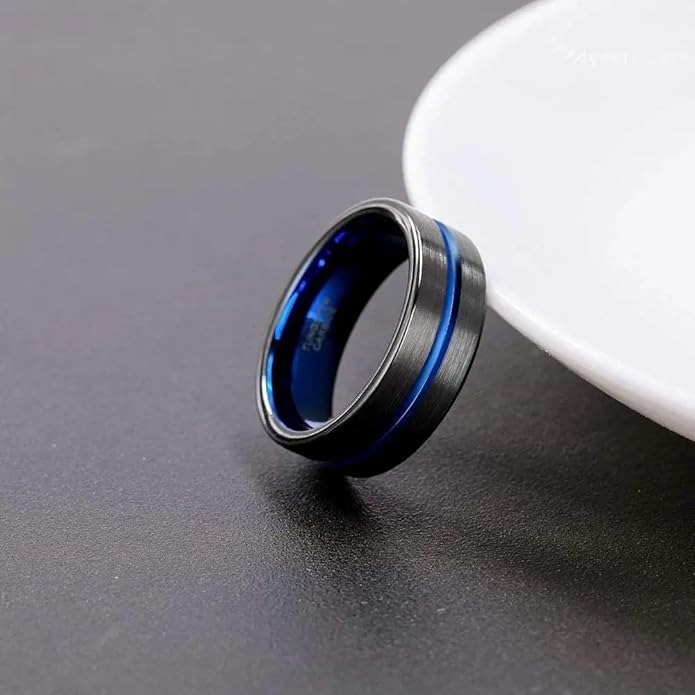 8mm Gold Groove Beveled Edge Black Tungsten Wedding Ring For Men Black Polished Steel Engagement Ring Mens Wedding Bands Size 17-21