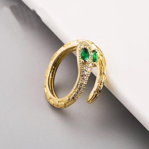 Fashion Jewelry Adjustable Green Eye Snake Head Shape Zircon Pave 18K Gold Plate Stainless Steel Gold Snake Ring for Women