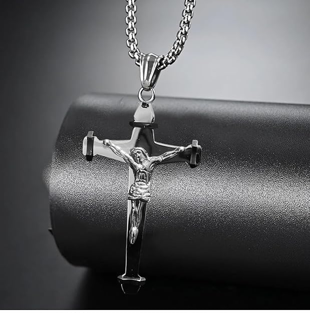 Lord's Prayer Cross Necklace Stainless Steel Curb Chain Christ Designer Delicate Pandant for Men & Boys 22"
