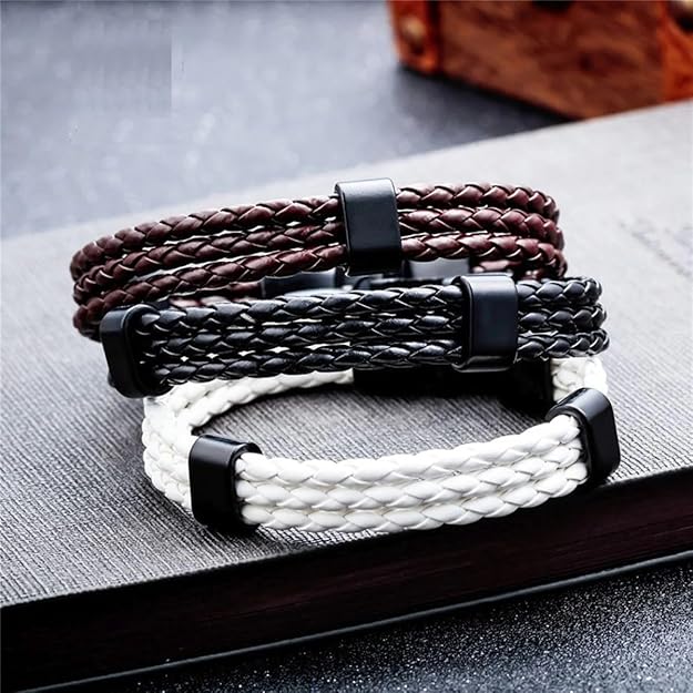 Biker Triple Layer Black Handcrafted Genuine Leather Wrist Band Wrap Bracelet For&nbsp;Men &amp; Boys Black