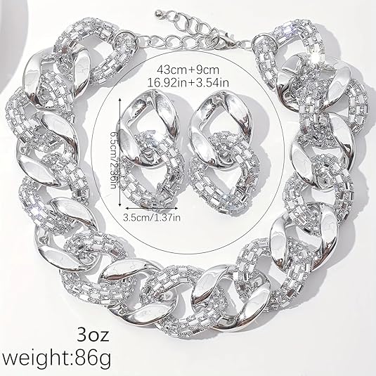 Large Thick Chain Metal Rhinestone Necklace Earrings Set, Fashion Flash Diamond Patchwork Earrings Choker Set Shiny Luxury Party Women Accessories