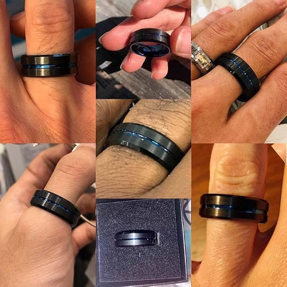 8mm Gold Groove Beveled Edge Black Tungsten Wedding Ring For Men Black Polished Steel Engagement Ring Mens Wedding Bands Size 17-21