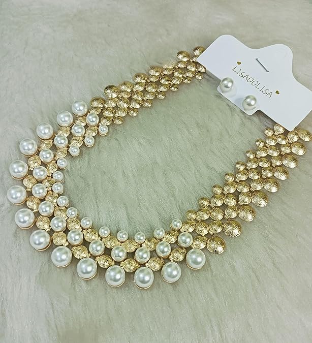 Pearl and Gold Tone Beaded Statement Necklace Set with Stud Earrings, Double Layer Chain Design Necklace Set for Women/Girls