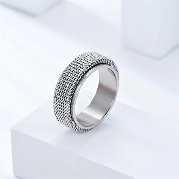 Spinner Ring for Men and Woman, Silver Steel Black Titanium Steel Ring Personalized Woven Mesh, (8mm width) Size 17-20