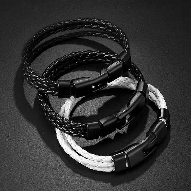 Biker Triple Layer Black Handcrafted Genuine Leather Wrist Band Wrap Bracelet For&nbsp;Men &amp; Boys Black