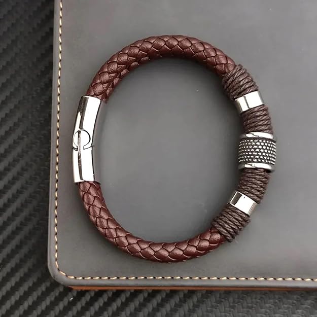 Rope Braided Brown Leather Stainless Steel Wrist Band Bracelet Accents, Magnetic Clasp for Men