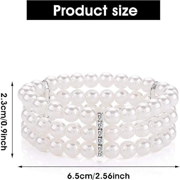 Crystal Bracelet White Pearl Stone Three -Layer Bracelet | Plain Bead With Stone | Round Free Size Elastic Natural Handmade Bracelet For Girls & Womens White