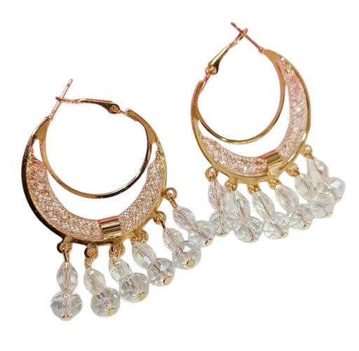 Latest Trendy Stylish Crystal Drop Hoop Baali Earrings, Rose Gold Plated, Crescent Design with Faceted Glass Beads for Girls and Women