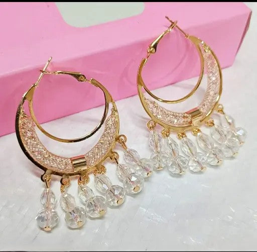 Latest Trendy Stylish Crystal Drop Hoop Baali Earrings, Rose Gold Plated, Crescent Design with Faceted Glass Beads for Girls and Women