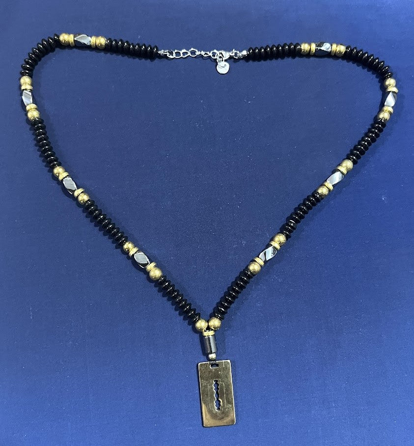 Designer Beaded Necklace, Black Onyx with Gold Accents, Razor Blade Pendant Long for Men