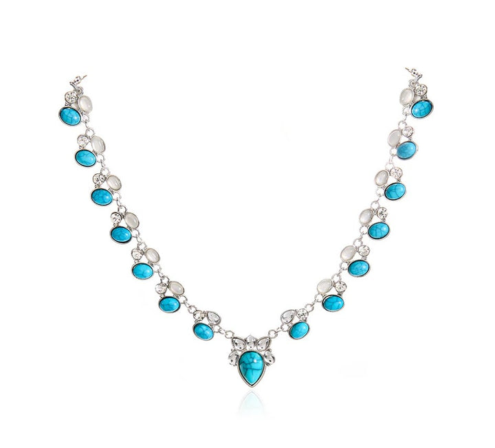 GLAMSHELL Pear Drop Turquoise Green Silver Crystal Necklace For Women