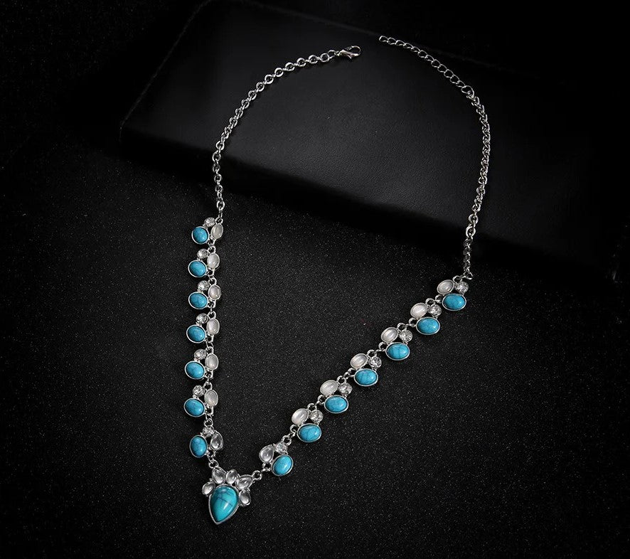 GLAMSHELL Pear Drop Turquoise Green Silver Crystal Necklace For Women