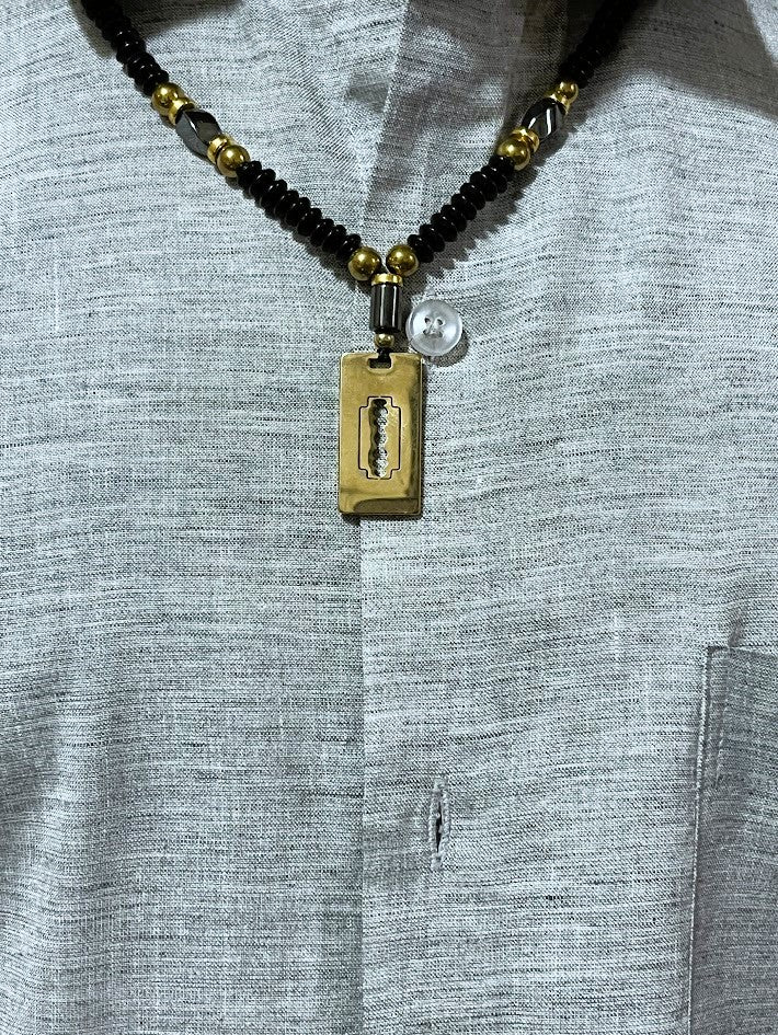 Designer Beaded Necklace, Black Onyx with Gold Accents, Razor Blade Pendant Long for Men