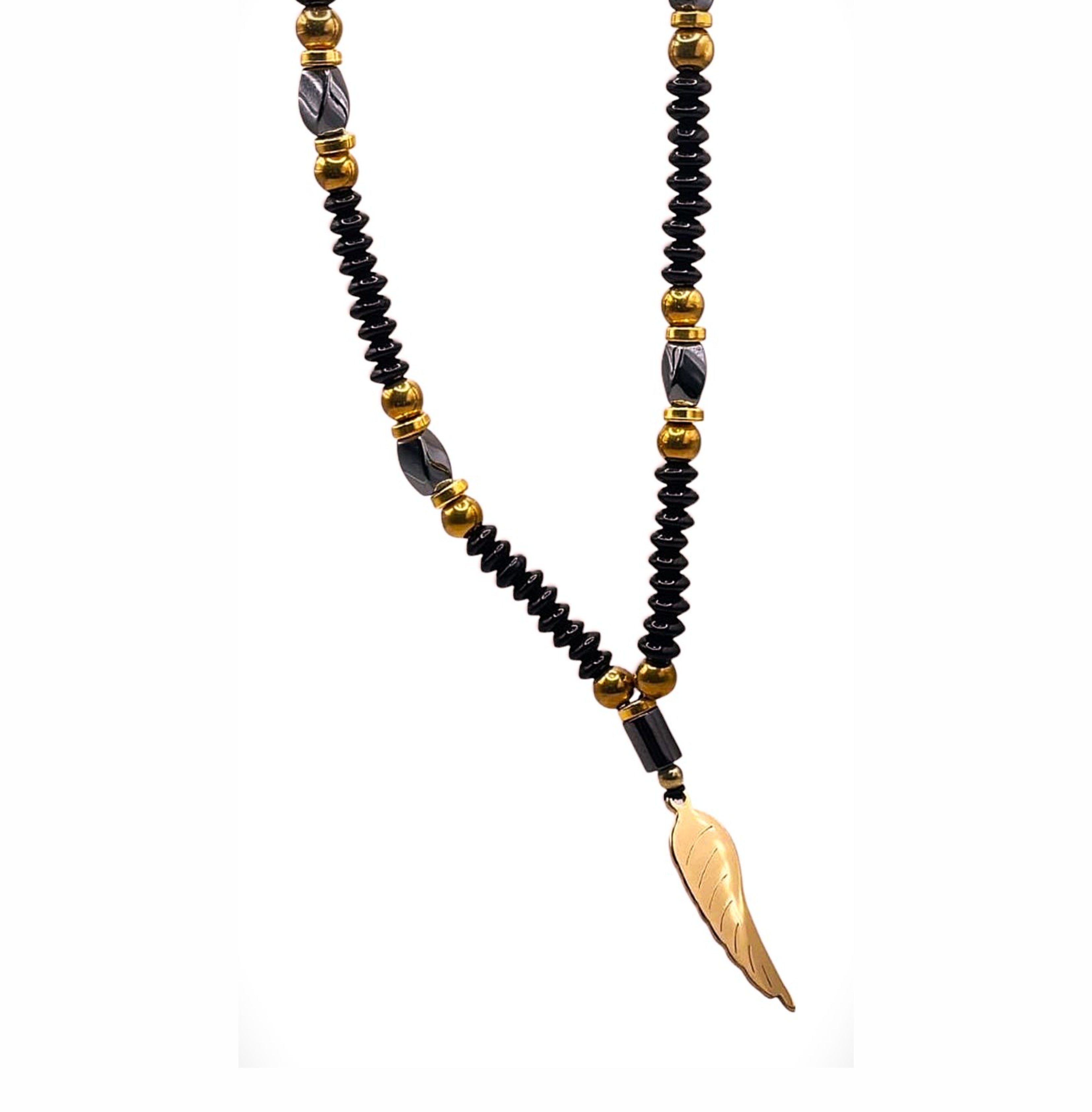 Handcrafted Black Beaded Necklace with Gold Accents and Feather Pendant for Men