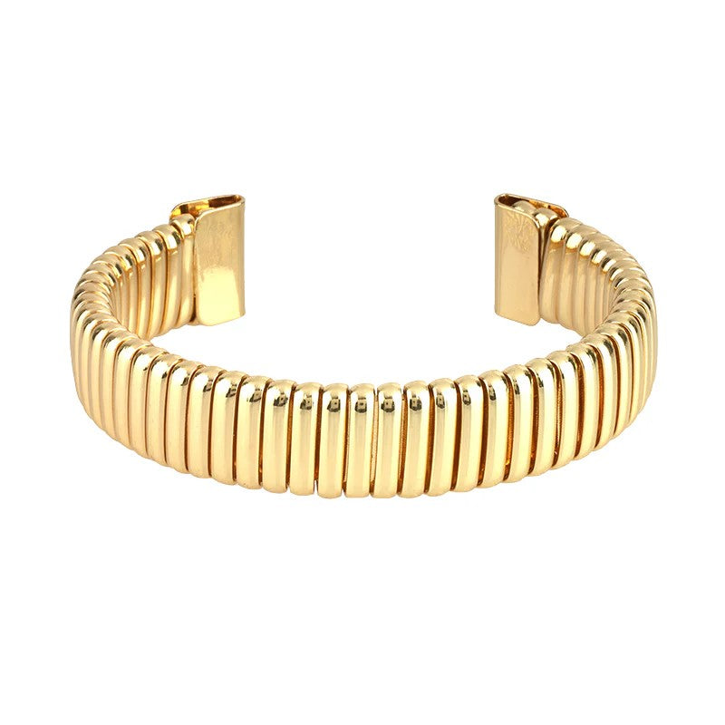 Fashion Bracelet Omega Brass Polished Stretch Cobra Bracelet Ribbed Cuff Bracelet, Wide Open Bangle, Jewellery For Womens