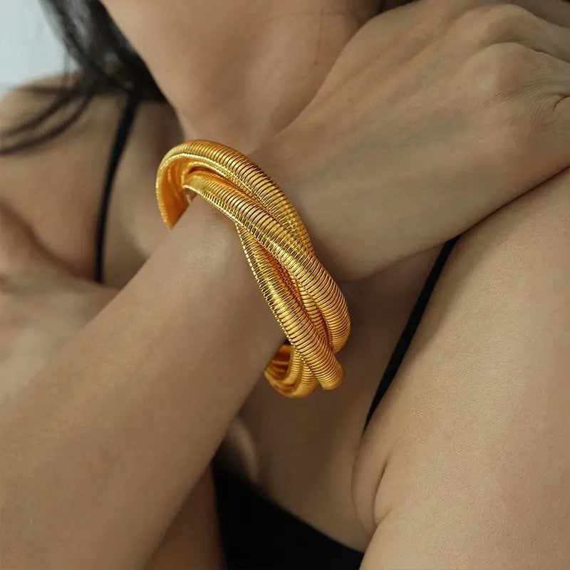 Snake Chain Stretch Bracelet Flexible Golden Spiral Triple Layer Hoop Bangle Bracelet Double Wrap Style for Girls and Women