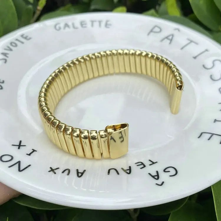 Fashion Bracelet Omega Brass Polished Stretch Cobra Bracelet Ribbed Cuff Bracelet, Wide Open Bangle, Jewellery For Womens