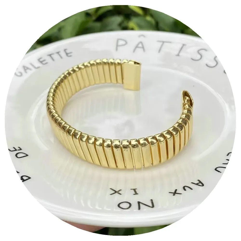 Fashion Bracelet Omega Brass Polished Stretch Cobra Bracelet Ribbed Cuff Bracelet, Wide Open Bangle, Jewellery For Womens