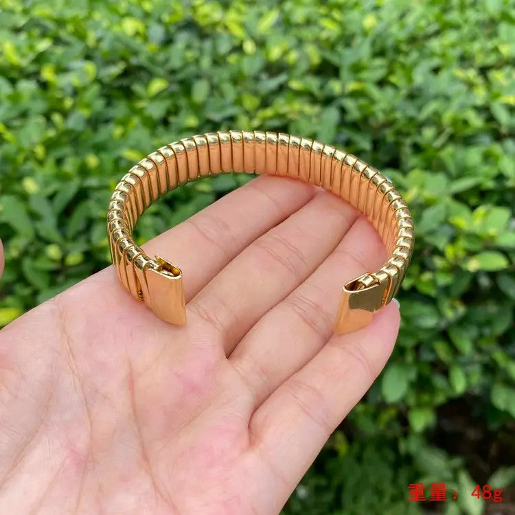 Fashion Bracelet Omega Brass Polished Stretch Cobra Bracelet Ribbed Cuff Bracelet, Wide Open Bangle, Jewellery For Womens