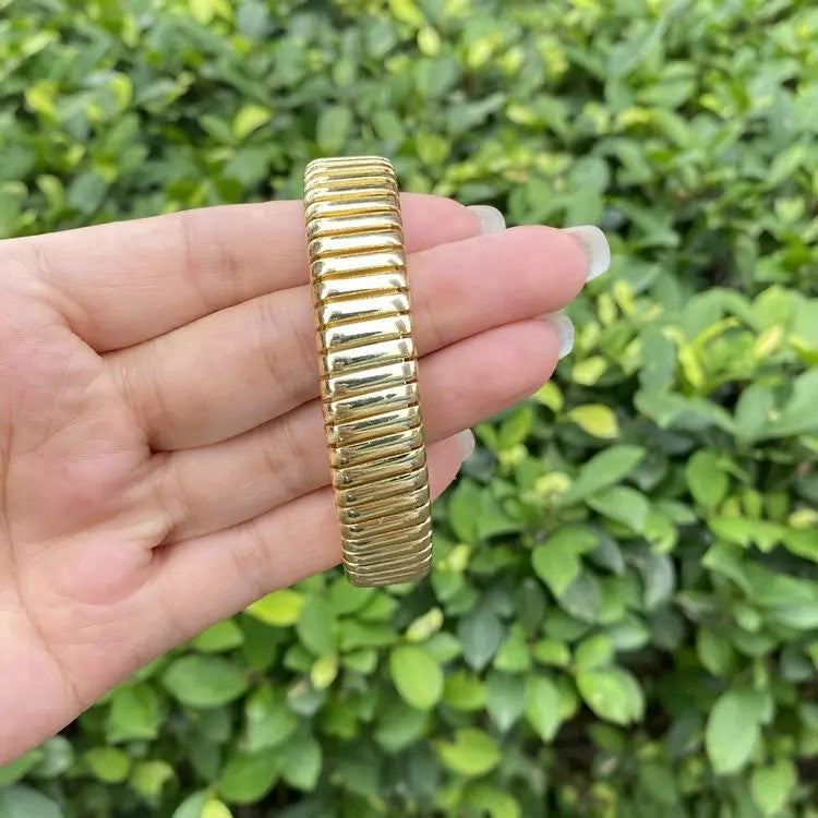 Fashion Bracelet Omega Brass Polished Stretch Cobra Bracelet Ribbed Cuff Bracelet, Wide Open Bangle, Jewellery For Womens