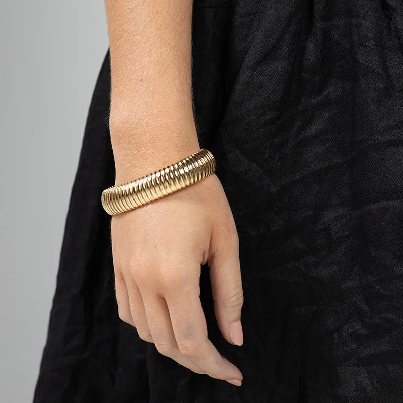 Fashion Bracelet Omega Brass Polished Stretch Cobra Bracelet Ribbed Cuff Bracelet, Wide Open Bangle, Jewellery For Womens