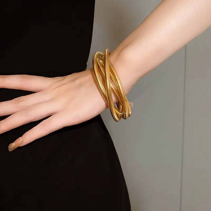 Snake Chain Stretch Bracelet Flexible Golden Spiral Triple Layer Hoop Bangle Bracelet Double Wrap Style for Girls and Women