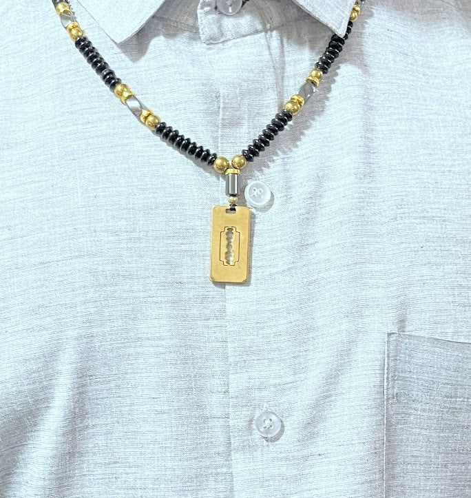 Designer Beaded Necklace, Black Onyx with Gold Accents, Razor Blade Pendant Long for Men