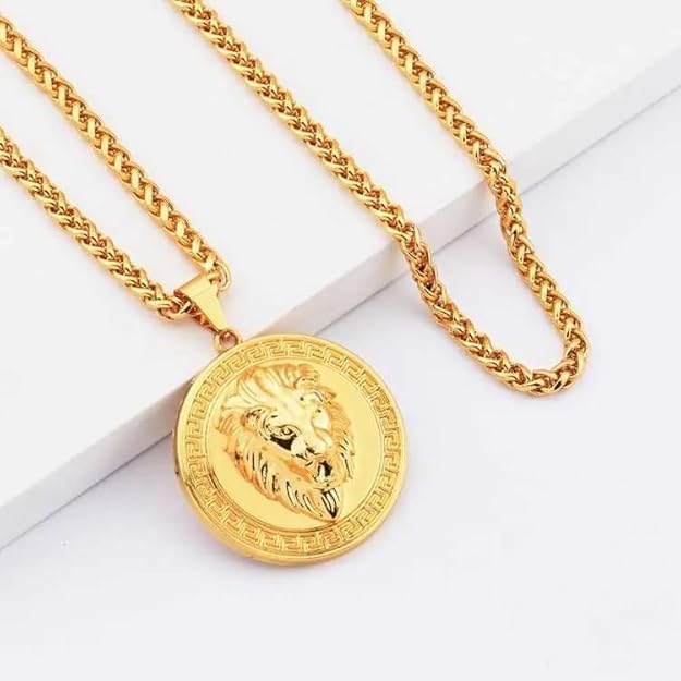 Stainless Steel Lion Head Pendant Necklace Gold Plated Necklace for men 22"