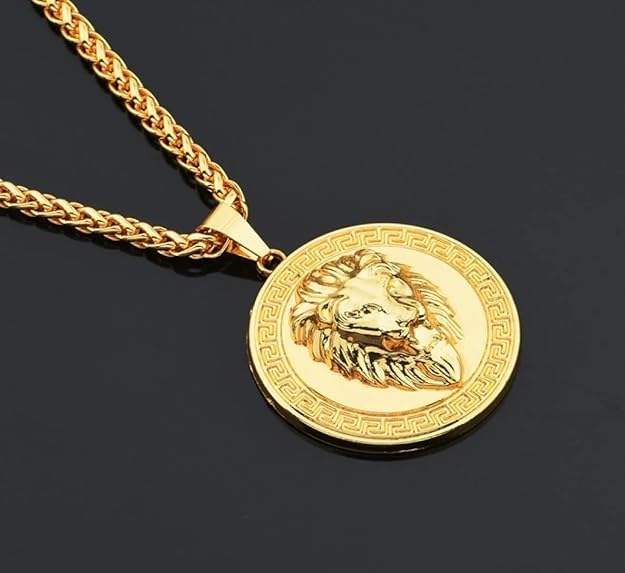 Stainless Steel Lion Head Pendant Necklace Gold Plated Necklace for men 22"
