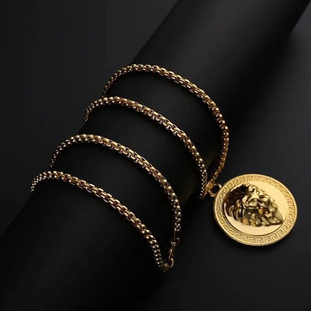 Stainless Steel Lion Head Pendant Necklace Gold Plated Necklace for men 22"