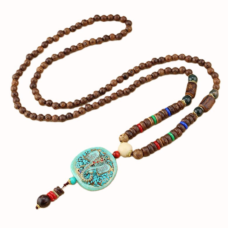 Ethnic Blue Beads Necklace Long-Style Ganeshji Pendant Handcrafted Wooden Bead Necklace For Women Men