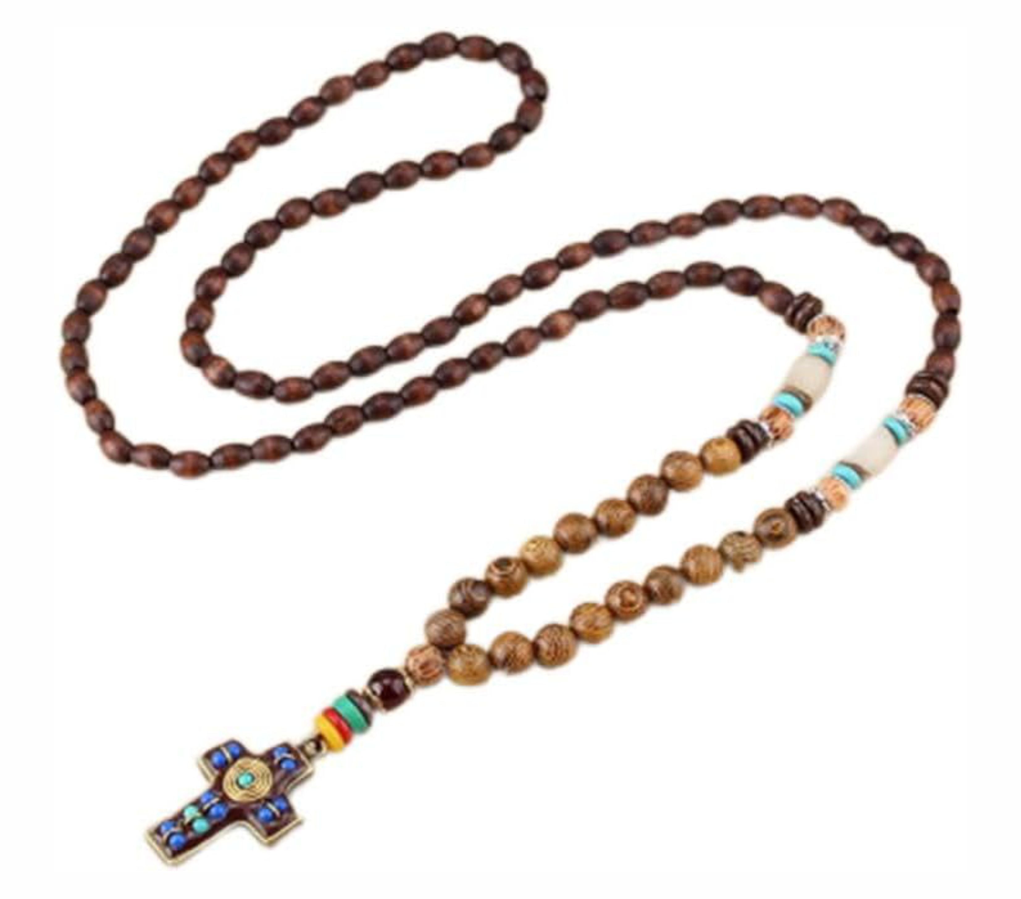 Vintage Nepal Long Buddhist Mala Wood Beaded Pendant & Necklace Ethnic Bohemian Boho Buddha Lucky Jewellery for Men and Women