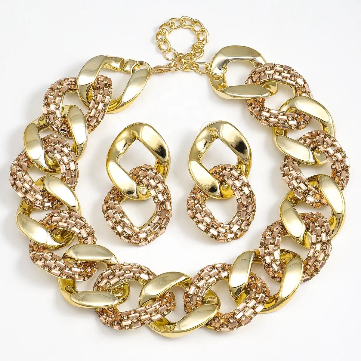 Large Thick Chain Metal Rhinestone Necklace Earrings Set, Fashion Flash Diamond Patchwork Earrings Choker Set Shiny Luxury Party Women Accessories