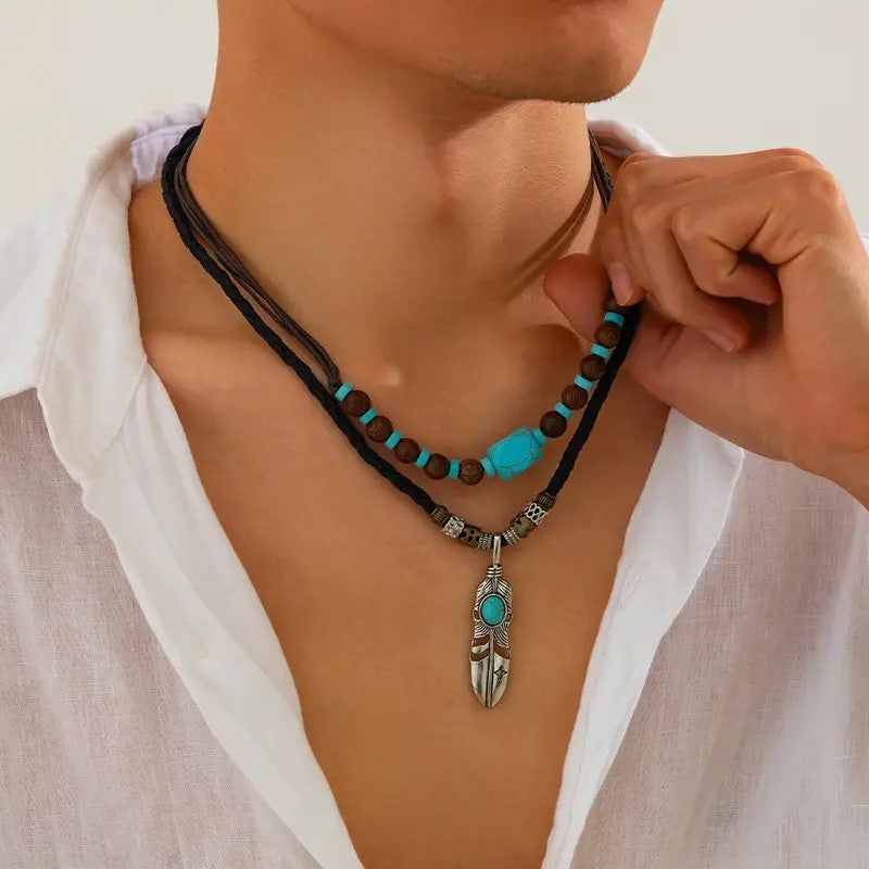 Summer Turquoise Necklace, Men's Trendy Fashion Personality, Ethnic Style, Collarbone Chain, Hip-hop, Niche Men's Accessories