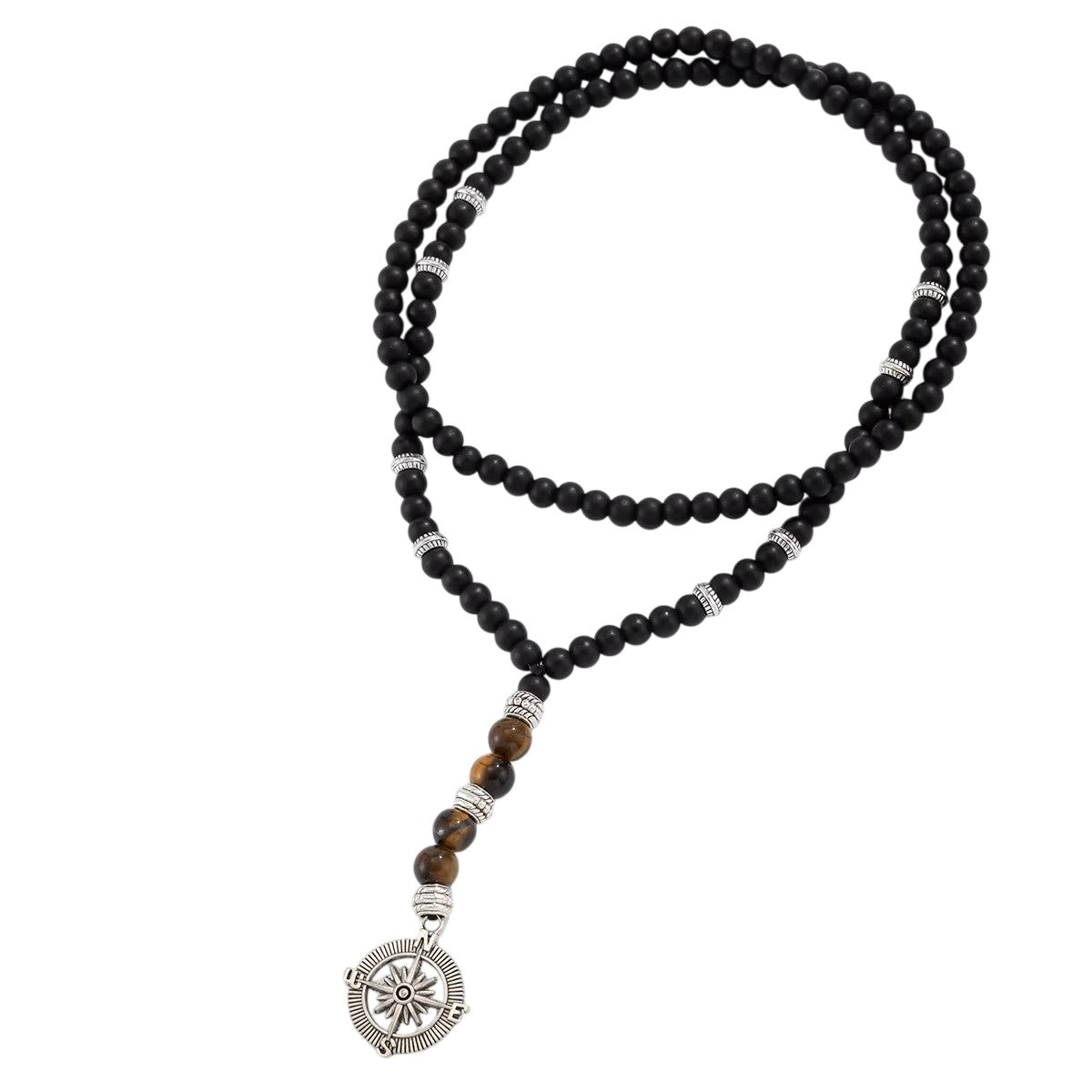 Fashion Casual Tiger Black Onyx Necklace for Men 8mm Beaded Necklace with Compass for Men Healing Natural Gemstones Jewellery