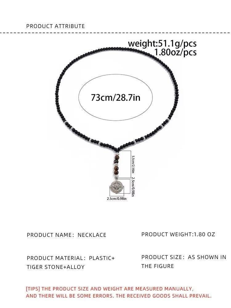 Fashion Casual Tiger Black Onyx Necklace for Men 8mm Beaded Necklace with Compass for Men Healing Natural Gemstones Jewellery